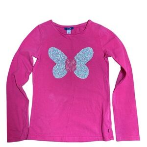 Okaïdi Girls Pink Sequin Butterfly Graphic Long Sleeve Cotton Top | Size 10Y